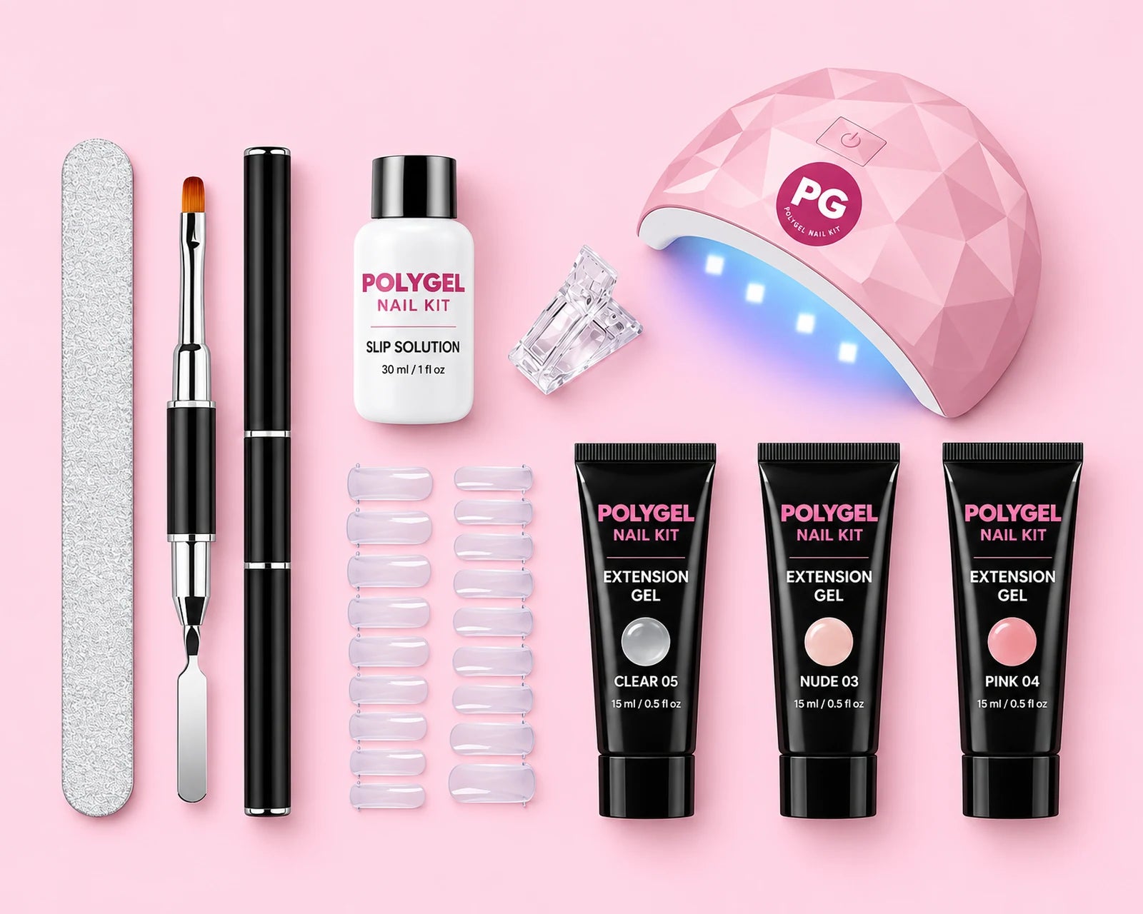 The PolyGel kit laid out: three gels, LED lamp, slip solution, brush, dual forms, file and clip