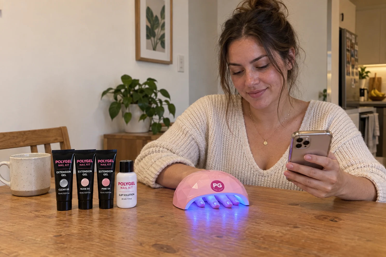 A hand with nude PolyGel nails curing under a pink faceted LED lamp on a bathroom counter